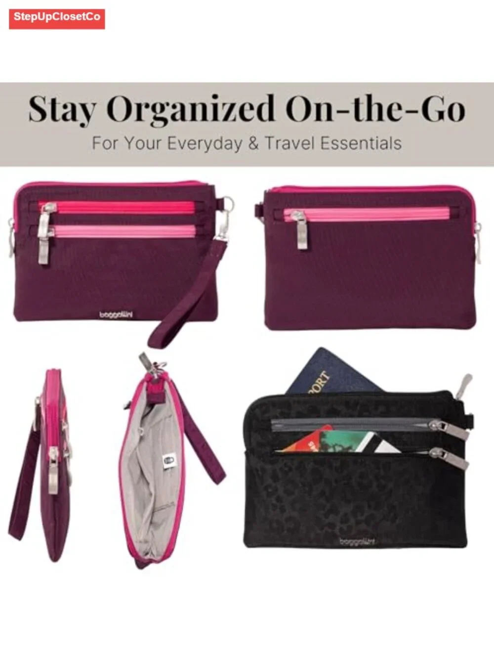 Baggallini RFID Blocking Currency Organizer Wristlet with Detachable Strap,